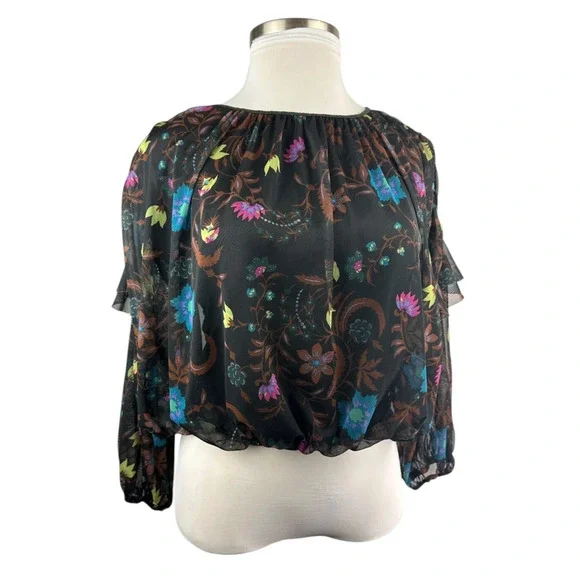Free People Wildflower Honey Printed Blouse Black Multi Mesh Crop Top Small - Picture 2 of 15